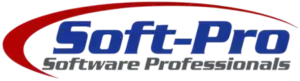 לוגו עם הכיתוב "Soft-Pro Software Professionals" בצבעים כחול ואפור, כשמעל הכיתוב ומסביבו מופיעה קו מעוקל בצבע אדום.