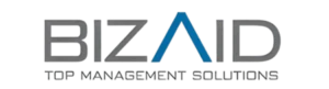 הלוגו של BIZAID עם הסלוגן "Top Management Solutions". האות "A" במילה "BIZAID" מעוצבת בצבע כחול.