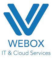 לוגו "W" כחול ומעוצב מעל הכיתוב "WEBOX IT & Cloud Services" על רקע בהיר.