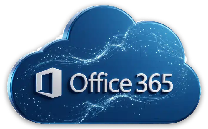 גרפיקה של ענן כחול עם נצנוצים, הכוללת את לוגו Office 365 וטקסט בצבע לבן, המציינת את חבילת התוכנות המשרדיות מבוססת הענן של מיקרוסופט.