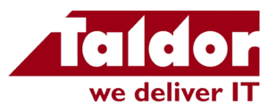 לוגו של Taldor בטקסט אדום, עם הסלוגן "we deliver IT" מתחת לשם החברה. הרקע לבן.