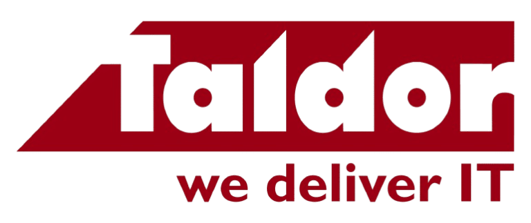 לוגו של Taldor בטקסט אדום, עם הסלוגן "we deliver IT" מתחת לשם החברה. הרקע לבן.