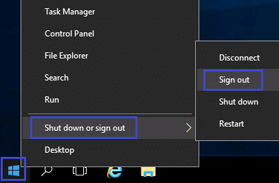 תפריט שולחן העבודה של Windows פתוח, כאשר האפשרות "כיבוי או יציאה" נבחרה, והאפשרות "יציאה" מסומנת בתפריט המשנה.