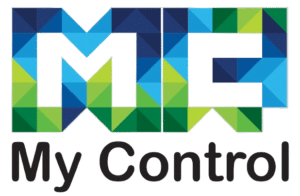 לוגו "MC" גיאומטרי בצבעי כחול וירוק מעל הכיתוב השחור "My Control" על רקע לבן.