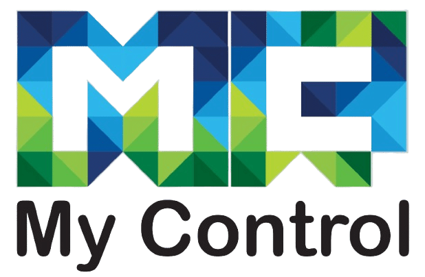 לוגו "MC" גיאומטרי בצבעי כחול וירוק מעל הכיתוב השחור "My Control" על רקע לבן.