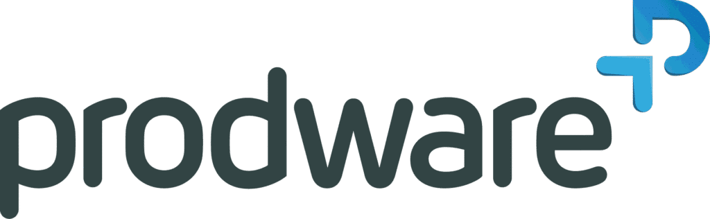 בתמונה נראה הלוגו של Prodware, ובו שם החברה באותיות קטנות בצבע שחור וסמל "P" מעוצב בצבע כחול בצד ימין.