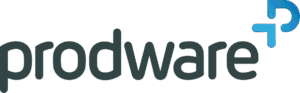 בתמונה נראה הלוגו של Prodware, ובו שם החברה באותיות קטנות בצבע שחור וסמל "P" מעוצב בצבע כחול בצד ימין.