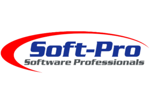 לוגו עם הכיתוב "Soft-Pro Software Professionals" בצבעי כחול ואפור, לצד סימן אדום מעוגל על רקע לבן.