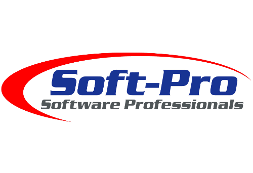 לוגו עם הכיתוב "Soft-Pro Software Professionals" בצבעי כחול ואפור, לצד סימן אדום מעוגל על רקע לבן.